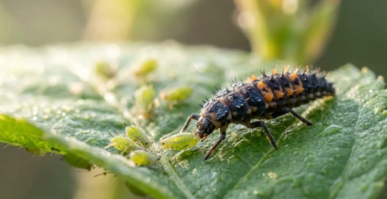 Close-up view of beneficial insects controlling aphids on garden plants naturally