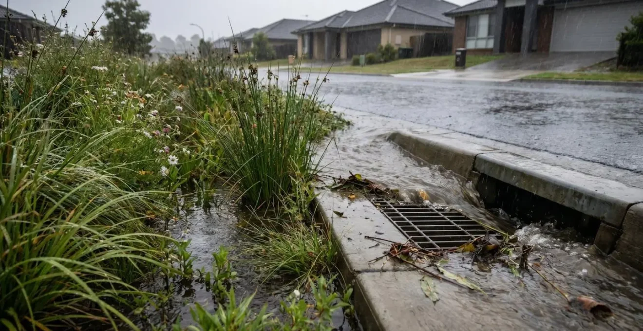 Residential bioswale managing stormwater runoff beside traditional concrete storm drain during heavy rainfall event