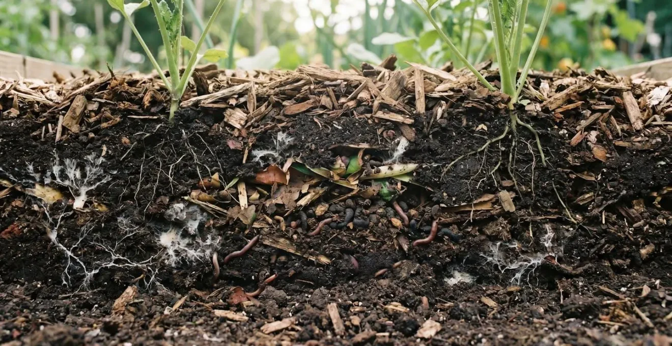 Microscopic view of fungal spores being disrupted by healthy soil microbes in garden environment