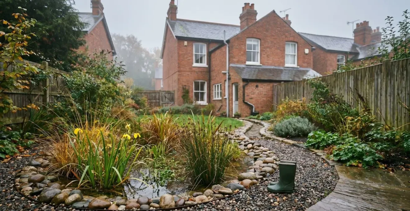 British residential garden with rain garden managing storm water runoff during heavy rainfall