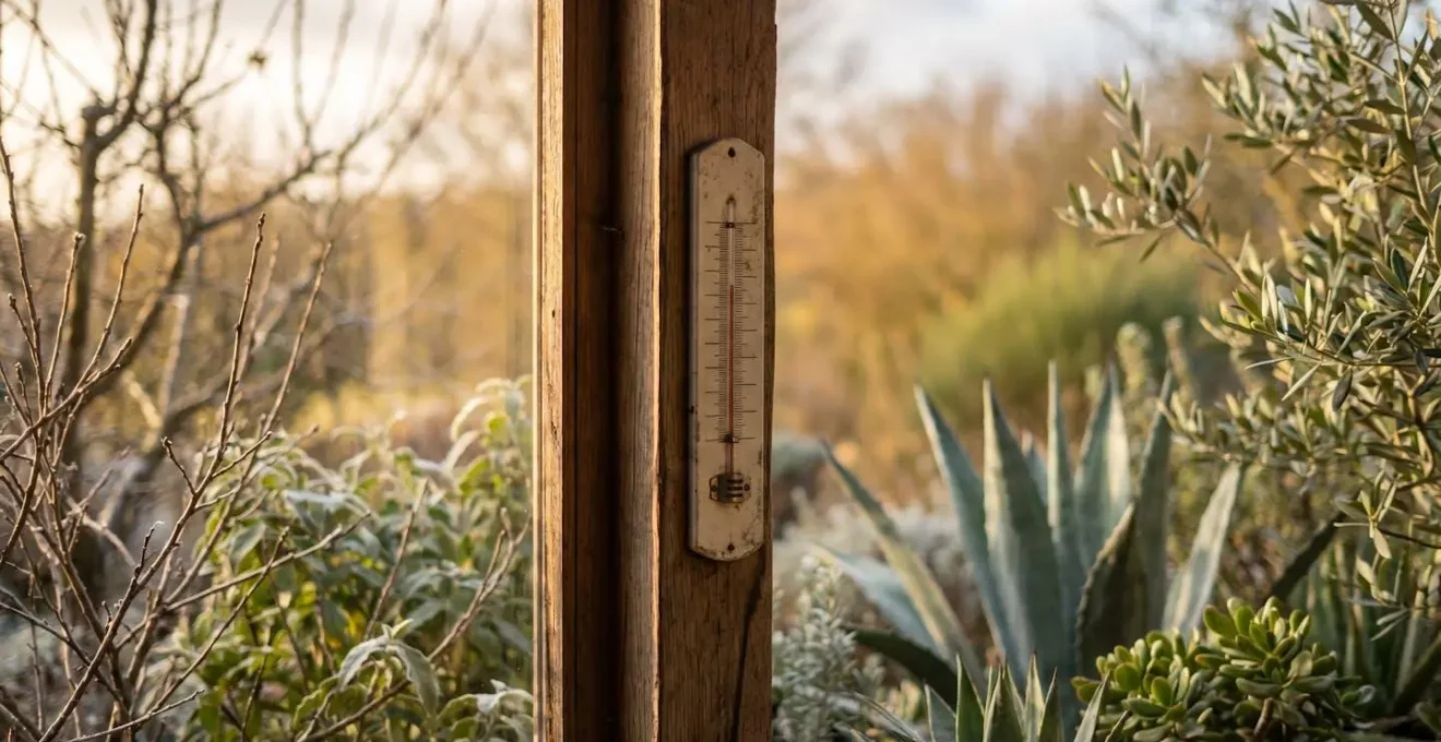 Thermometer showing rising temperatures against a backdrop of shifting garden seasons and plant adaptation to warmer climates
