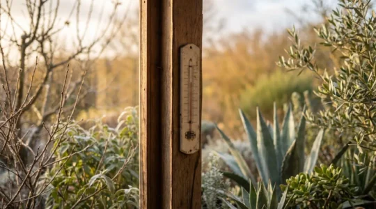 Thermometer showing rising temperatures against a backdrop of shifting garden seasons and plant adaptation to warmer climates