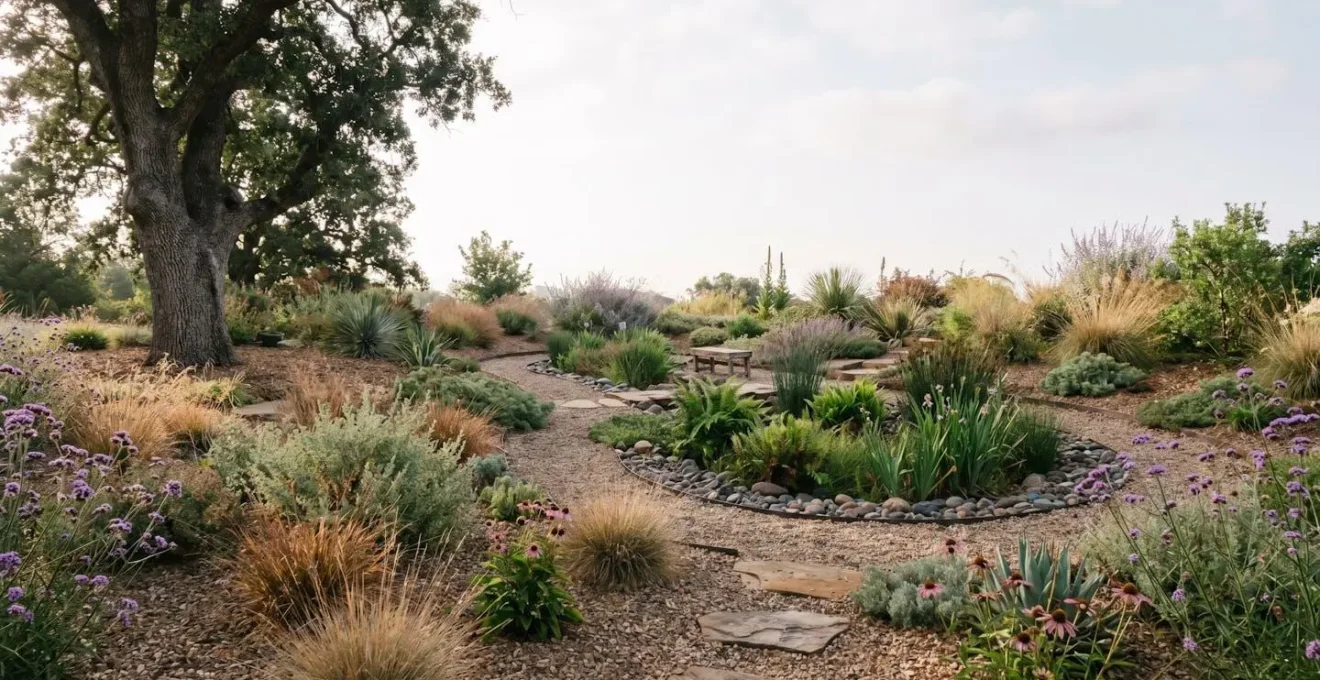 A lush, diverse family garden demonstrating climate resilience with gravel pathways, deep-rooted trees, and varied plantings thriving in natural light
