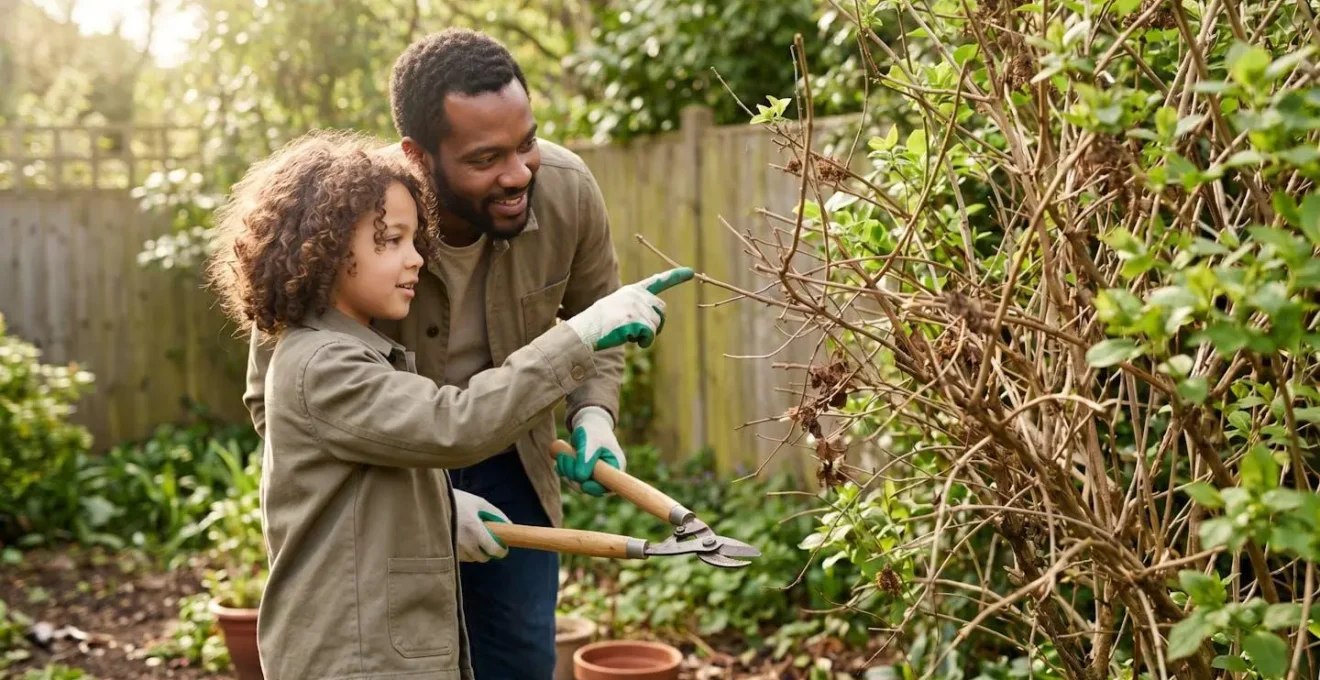 Parent and child examining overgrown shrub branches together in family garden setting