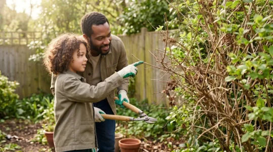 Parent and child examining overgrown shrub branches together in family garden setting