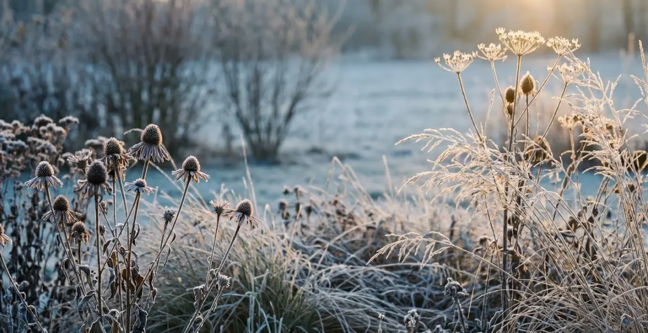 Frost-covered perennial seed heads and grasses standing in winter garden with hibernating insects sheltering in hollow stems