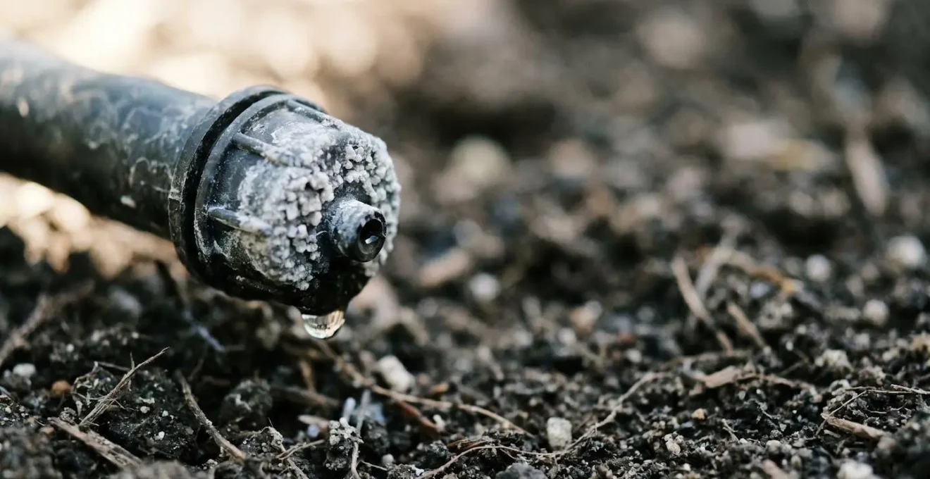 Close-up view of mineral-clogged drip irrigation emitters showing limescale deposits in a family garden setting