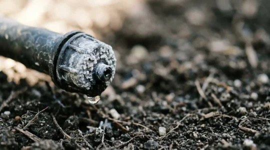 Close-up view of mineral-clogged drip irrigation emitters showing limescale deposits in a family garden setting