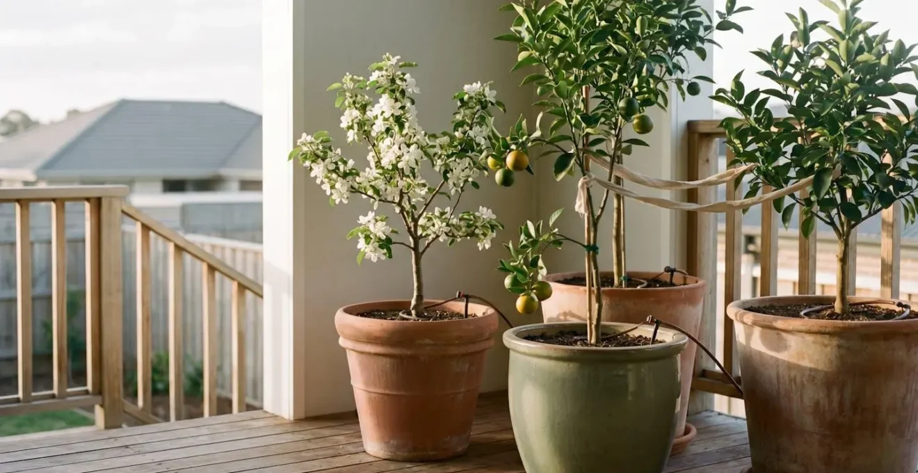 Compact dwarf fruit trees growing in large ceramic pots on a sunny residential patio, showcasing productive container orchard gardening in small spaces