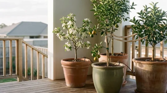 Compact dwarf fruit trees growing in large ceramic pots on a sunny residential patio, showcasing productive container orchard gardening in small spaces