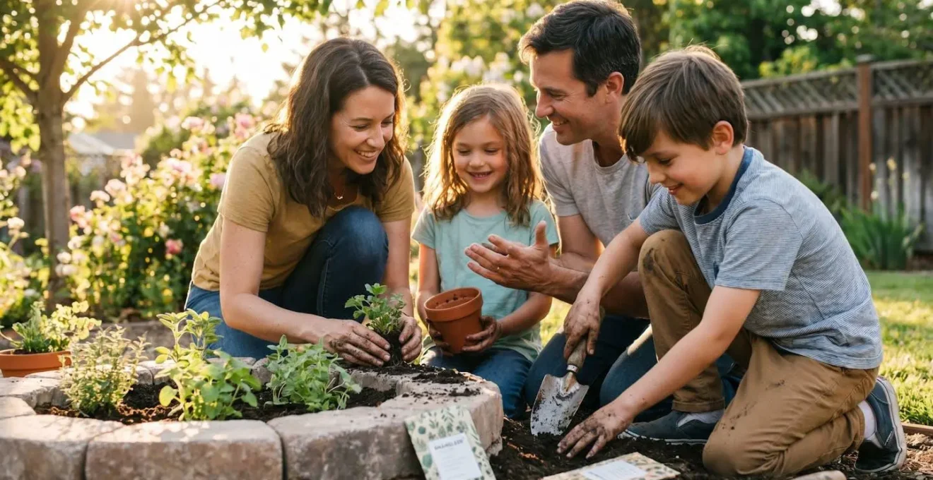 Family building a spiral stone herb garden in a sunny backyard with diverse herbs and children helping