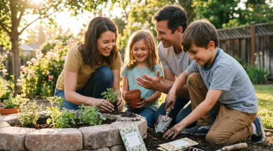 Family building a spiral stone herb garden in a sunny backyard with diverse herbs and children helping