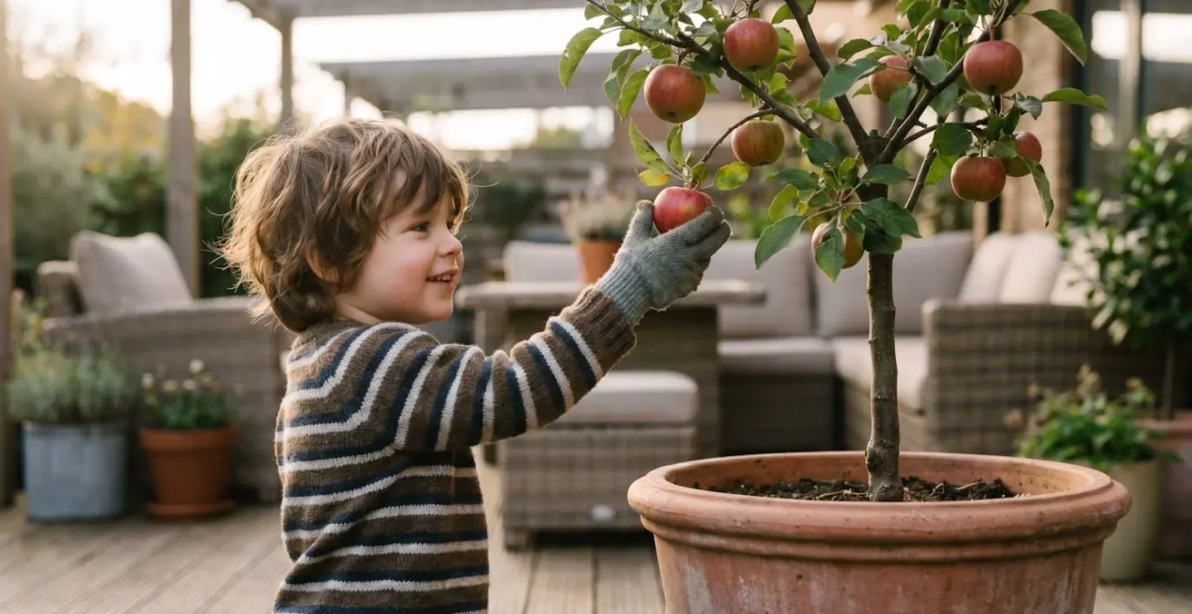 Compact dwarf apple tree in container on family patio with child measuring height against branches