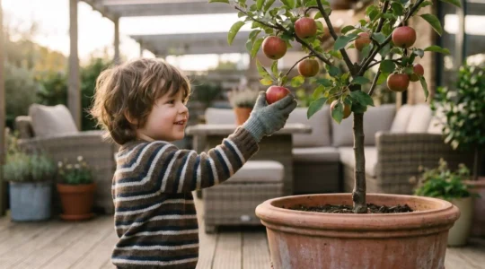 Compact dwarf apple tree in container on family patio with child measuring height against branches