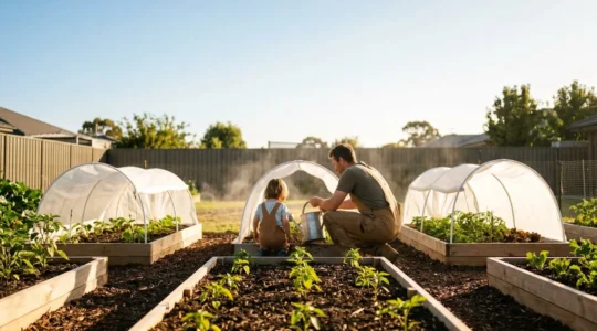 Family gardening together on a sunny summer day, protecting plants from intense heat