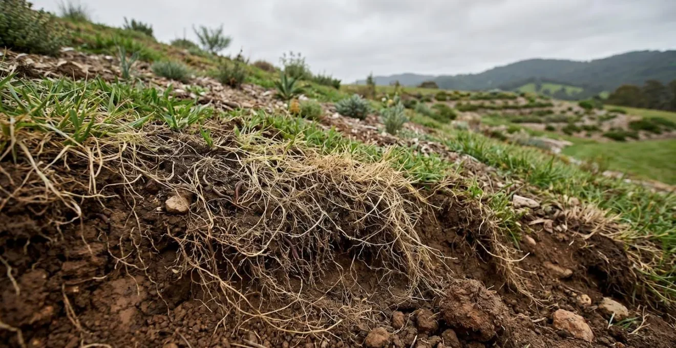 Dense network of fibrous grass roots stabilizing clay soil particles on a garden slope