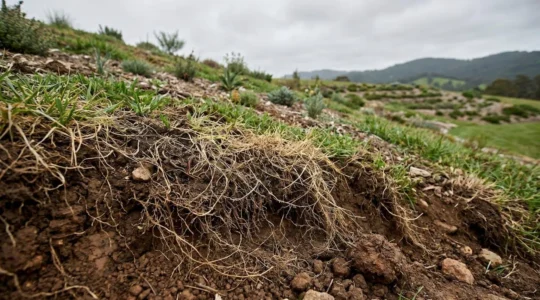 Dense network of fibrous grass roots stabilizing clay soil particles on a garden slope