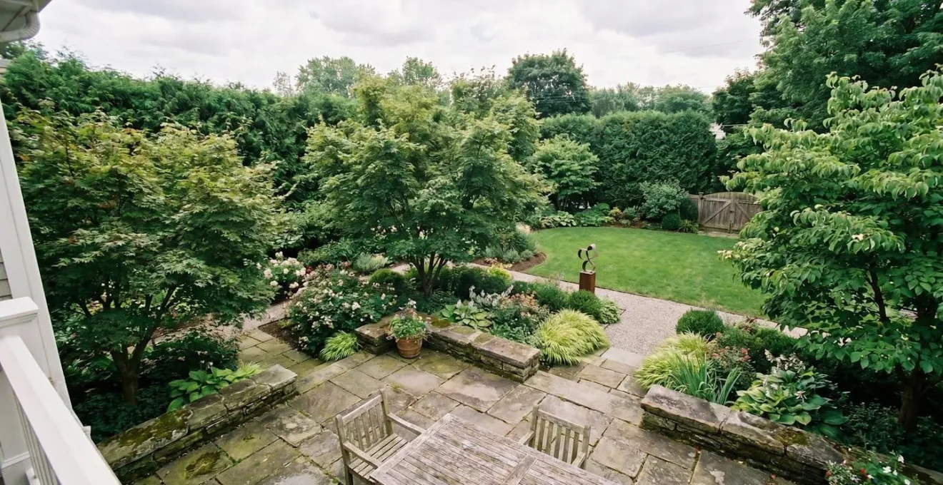 Mature garden landscape showing thoughtful long-term planning with established trees, hardscaping, and layered plantings demonstrating property value enhancement