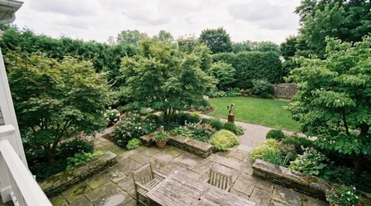 Mature garden landscape showing thoughtful long-term planning with established trees, hardscaping, and layered plantings demonstrating property value enhancement