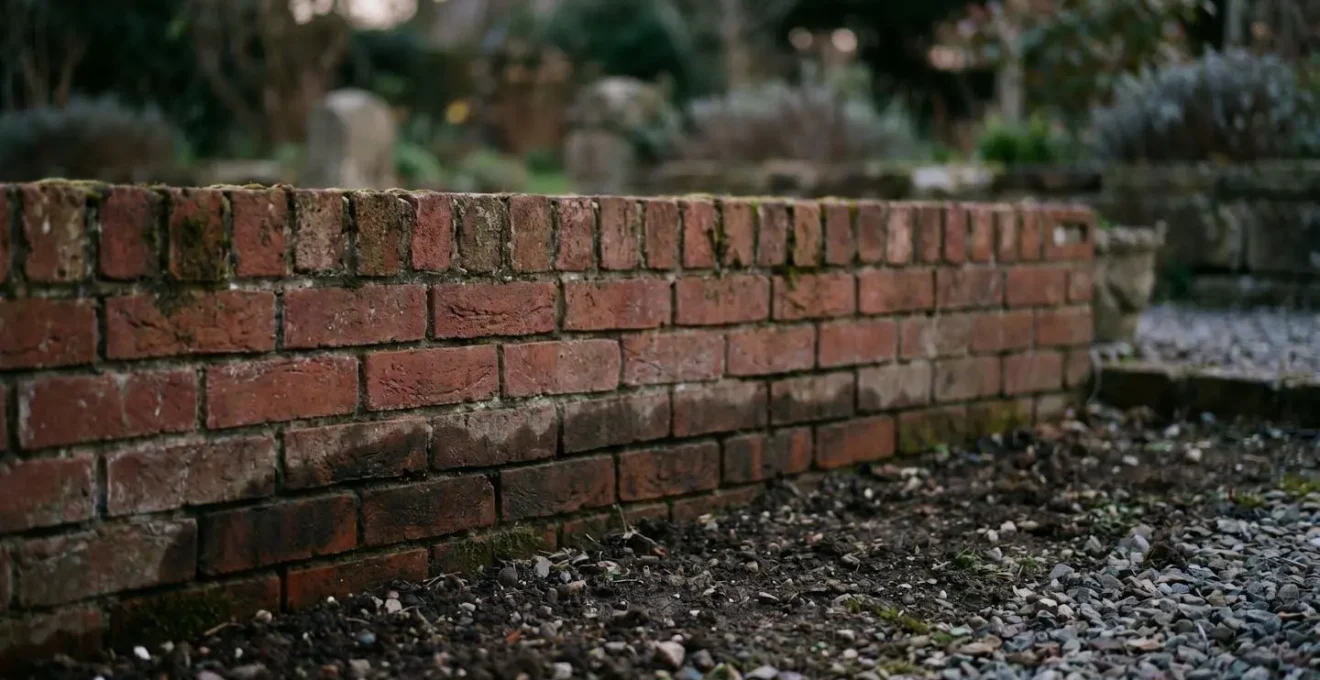 Close view of Victorian brick foundation showing moisture accumulation from ground level water retention