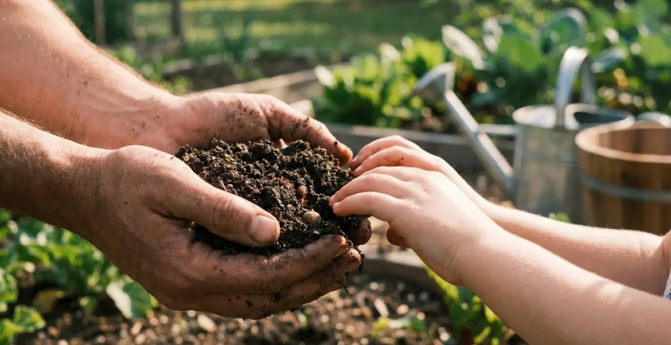 Close-up of hands holding rich dark soil with visible texture and moisture, surrounded by garden tools and a small bucket, demonstrating a practical soil drainage test in a natural outdoor setting