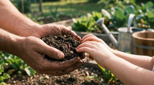 Close-up of hands holding rich dark soil with visible texture and moisture, surrounded by garden tools and a small bucket, demonstrating a practical soil drainage test in a natural outdoor setting