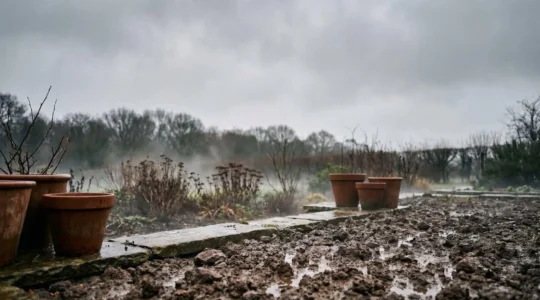 Cross-section view of hardy perennial root systems in waterlogged British winter soil