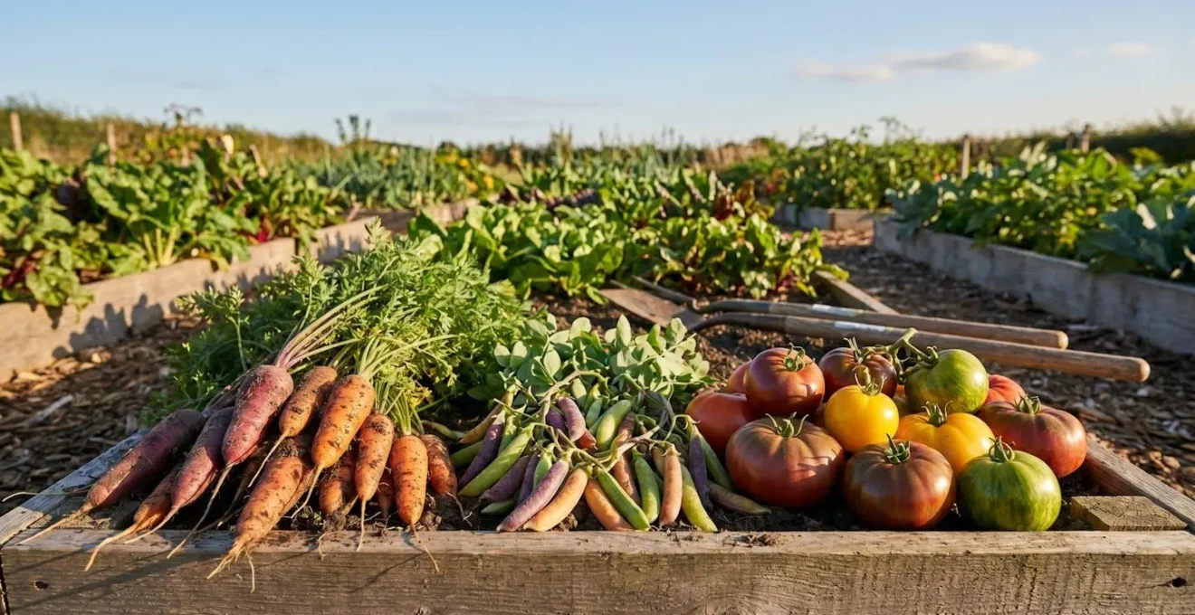 Diverse heirloom vegetables in vibrant colors displayed in a rustic garden setting