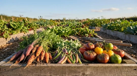Diverse heirloom vegetables in vibrant colors displayed in a rustic garden setting