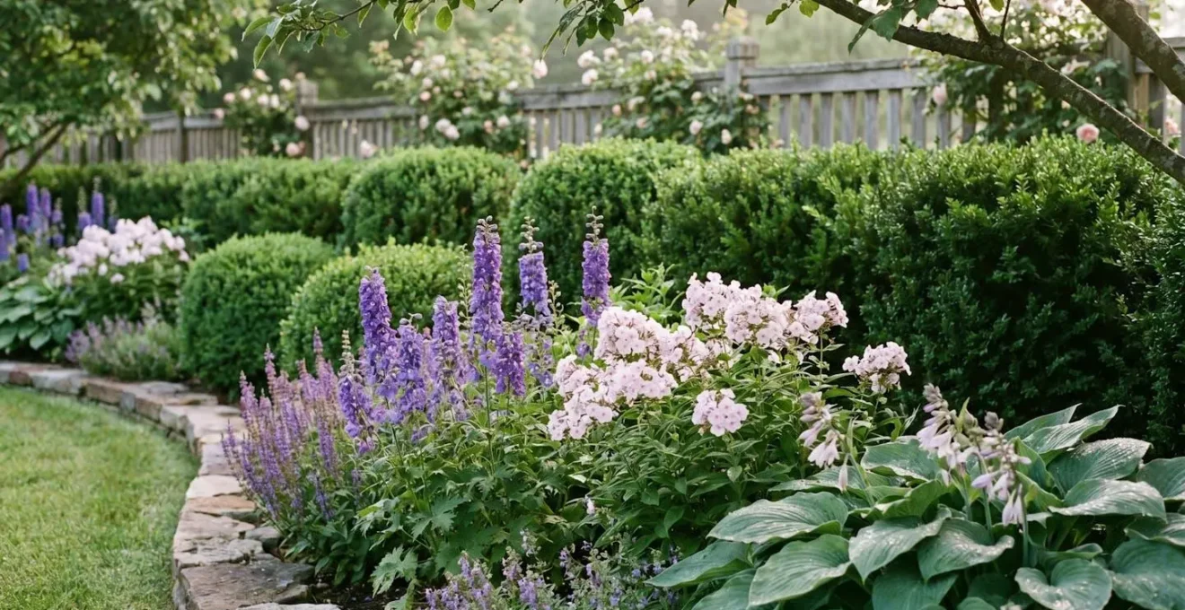 Lush herbaceous perennial border with soft textures contrasted against structured evergreen shrubs in a small cottage garden setting