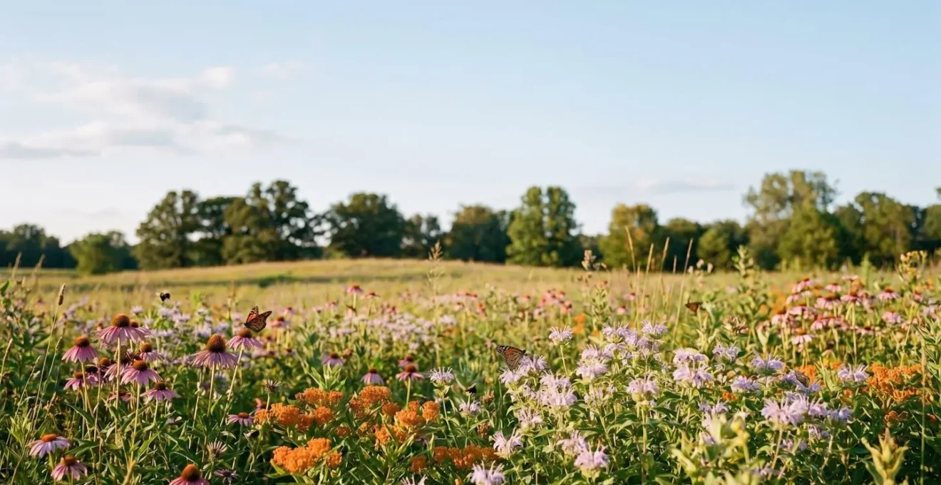 Native wildflower meadow teeming with butterflies and bees, demonstrating thriving ecosystem supported by indigenous plants