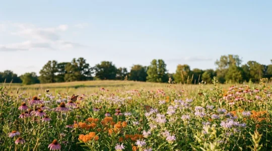 Native wildflower meadow teeming with butterflies and bees, demonstrating thriving ecosystem supported by indigenous plants