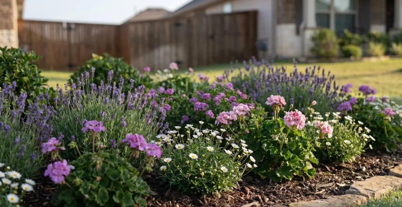 Compact ornamental flowering plants blooming abundantly in a small residential garden border with soft natural light