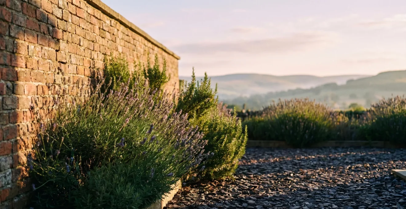 Sun-warmed brick wall creating protective microclimate for tender Mediterranean plants in cool climate garden