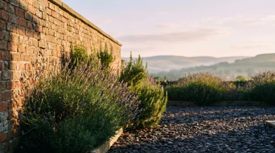 Sun-warmed brick wall creating protective microclimate for tender Mediterranean plants in cool climate garden