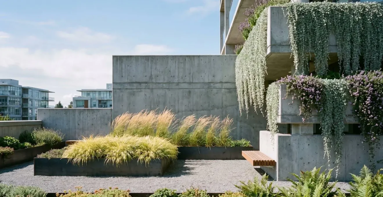 Contemporary concrete residential building with trailing plants and ornamental grasses creating soft natural contrast against harsh architectural lines