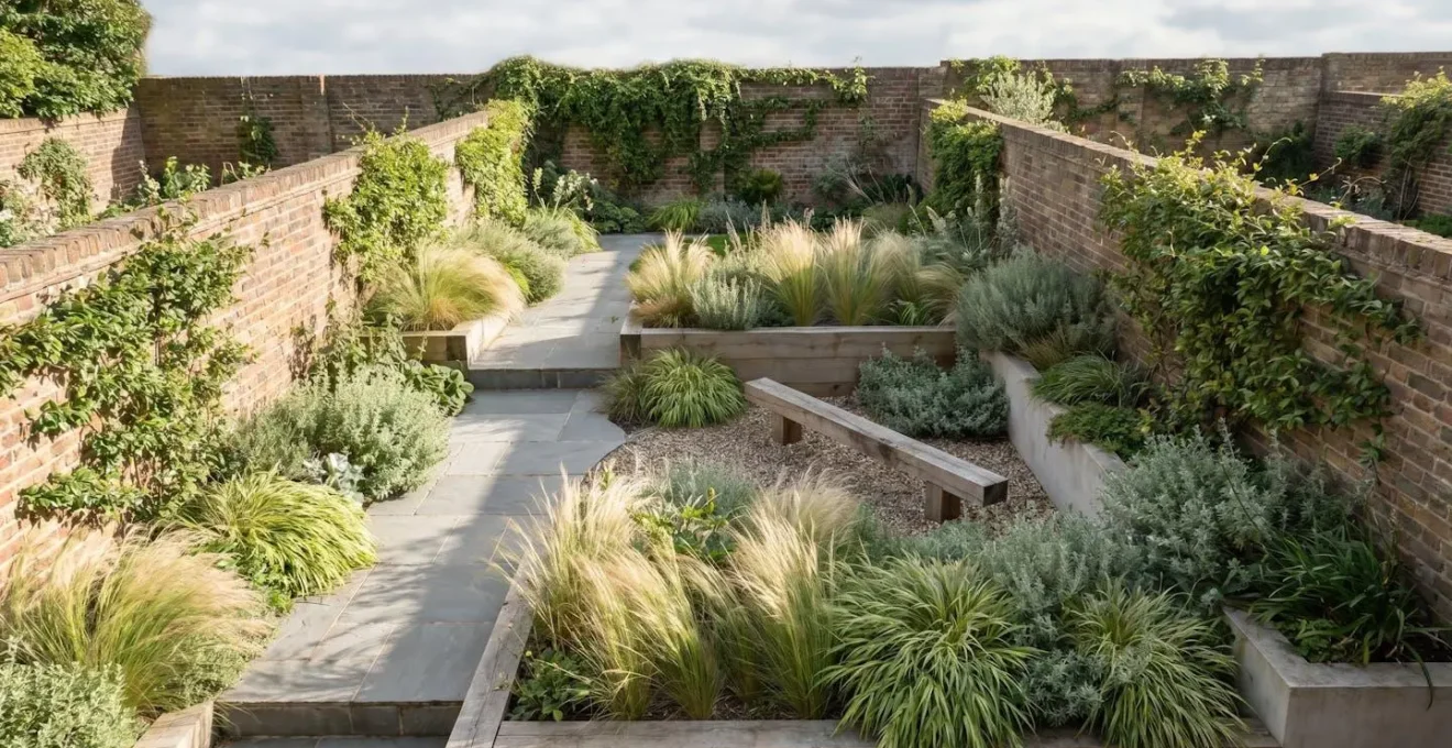 A narrow terraced house garden showcasing diagonal pathway design with layered vertical planting and child-friendly zones creating spatial depth