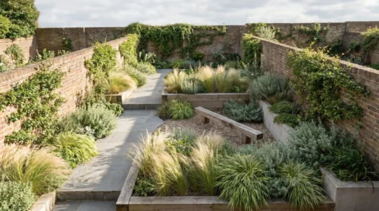 A narrow terraced house garden showcasing diagonal pathway design with layered vertical planting and child-friendly zones creating spatial depth