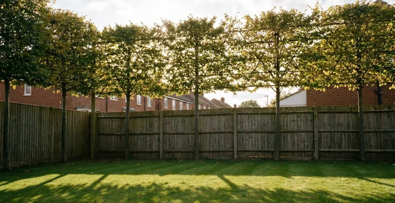 Lush green garden screening with filtered sunlight creating privacy without blocking natural light