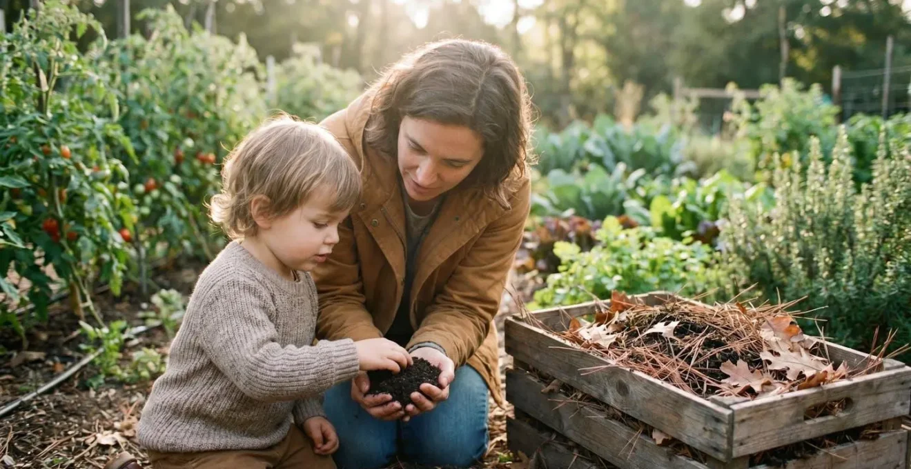 Gardener testing soil pH naturally with family in organic vegetable garden