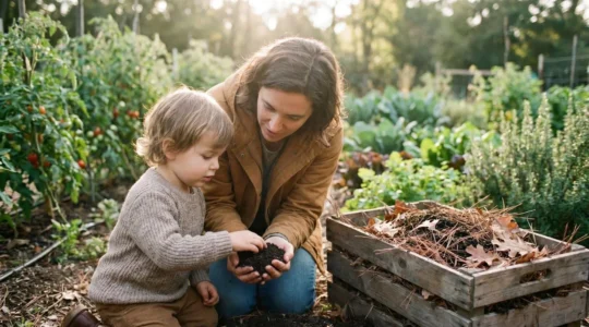Gardener testing soil pH naturally with family in organic vegetable garden