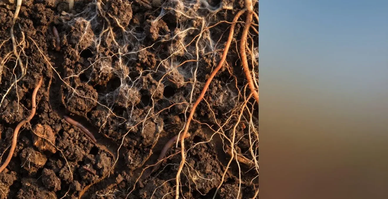 Cross-section view of healthy undisturbed garden soil showing intricate mycorrhizal fungal networks connecting plant roots underground