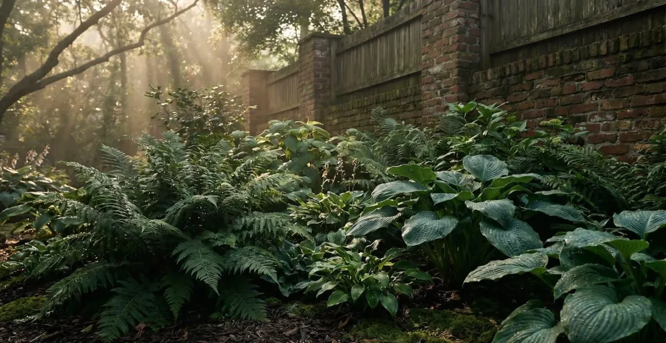 Lush green shade-tolerant ferns thriving in dappled sunlight under a north-facing garden canopy