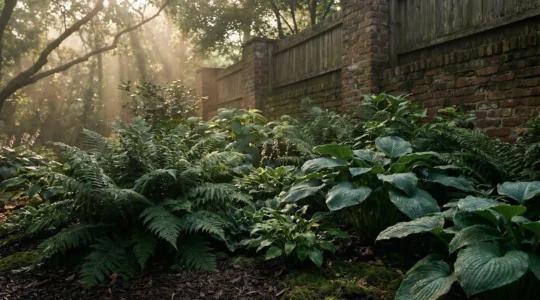Lush green shade-tolerant ferns thriving in dappled sunlight under a north-facing garden canopy