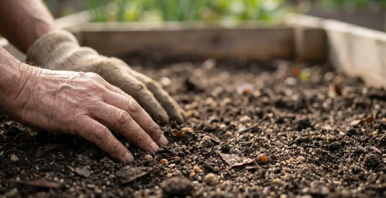 Close-up of rich dark soil being worked by hands with organic matter visible in natural outdoor lighting