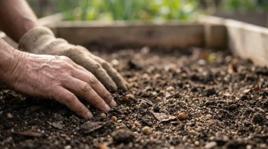 Close-up of rich dark soil being worked by hands with organic matter visible in natural outdoor lighting
