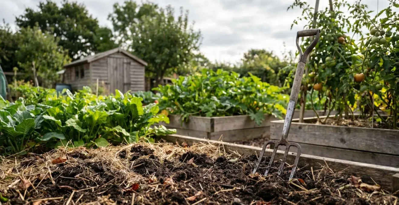 Family-scale organic garden bed showing rich, dark compost-amended soil with natural mulch layers and healthy vegetable plants in a sustainable home gardening setting