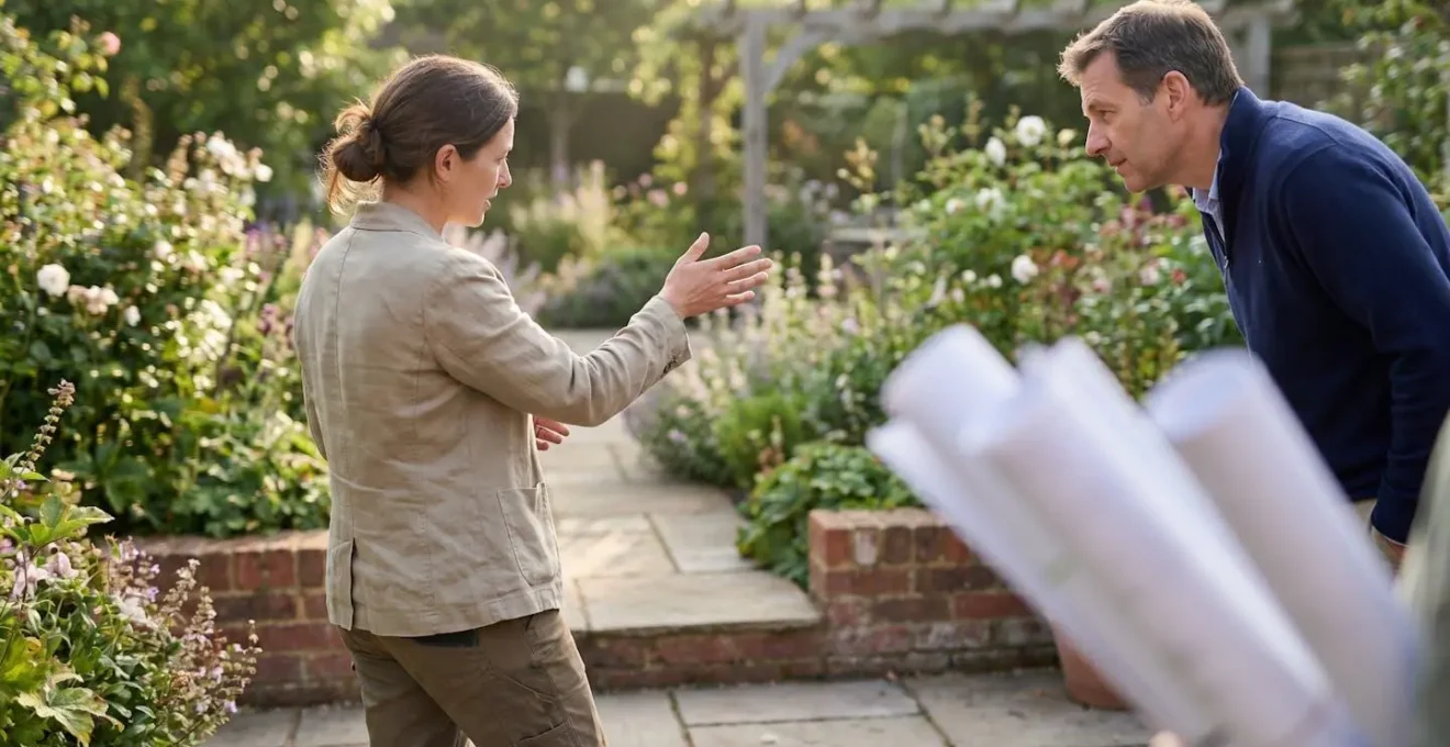 Professional landscape designer reviewing garden plans with homeowner in well-designed outdoor space