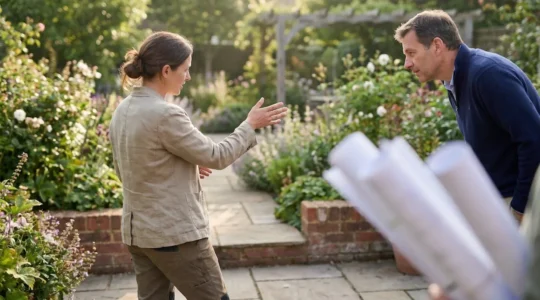 Professional landscape designer reviewing garden plans with homeowner in well-designed outdoor space