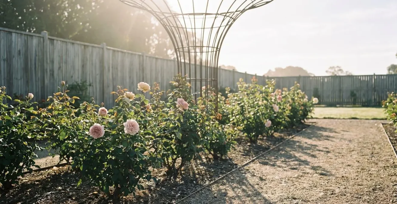 Rose garden with open canopy showing airflow circulation to prevent powdery mildew